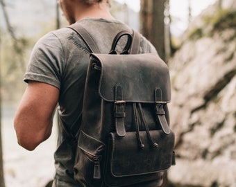 Handgefertigter Rucksack aus genarbtem Leder, wetterbeständig, zum Wandern, Damen- und Herren-Geldbörse, Unisex, Vintage-Laptop-Valley-Rucksack