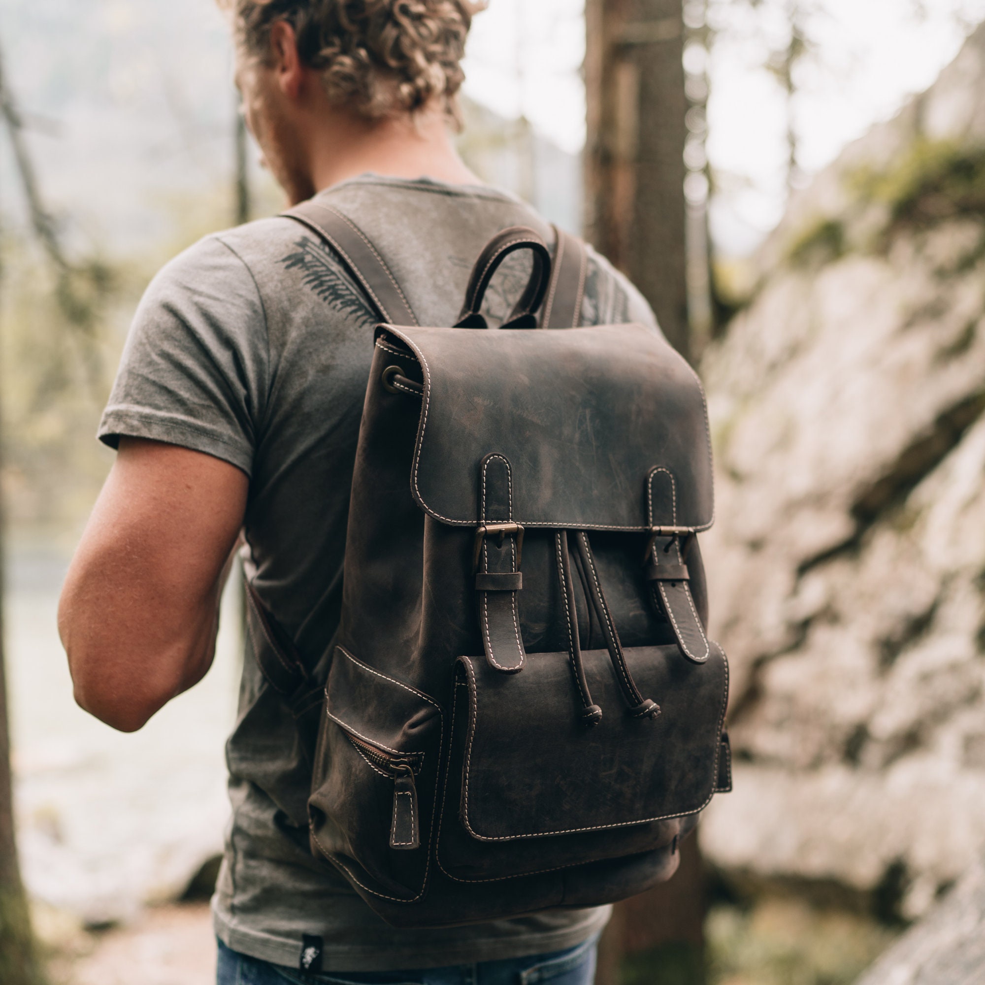 Handcrafted Top Grain Leather Backpack, Weather-resistant Hiking