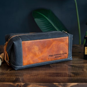 Personalisierte Kulturtasche Top Grain Leder und Canvas Reisetasche Dopp Kit Make-up Koffer, individuelle Kosmetiktasche, Unisex Reisekosmetiktasche