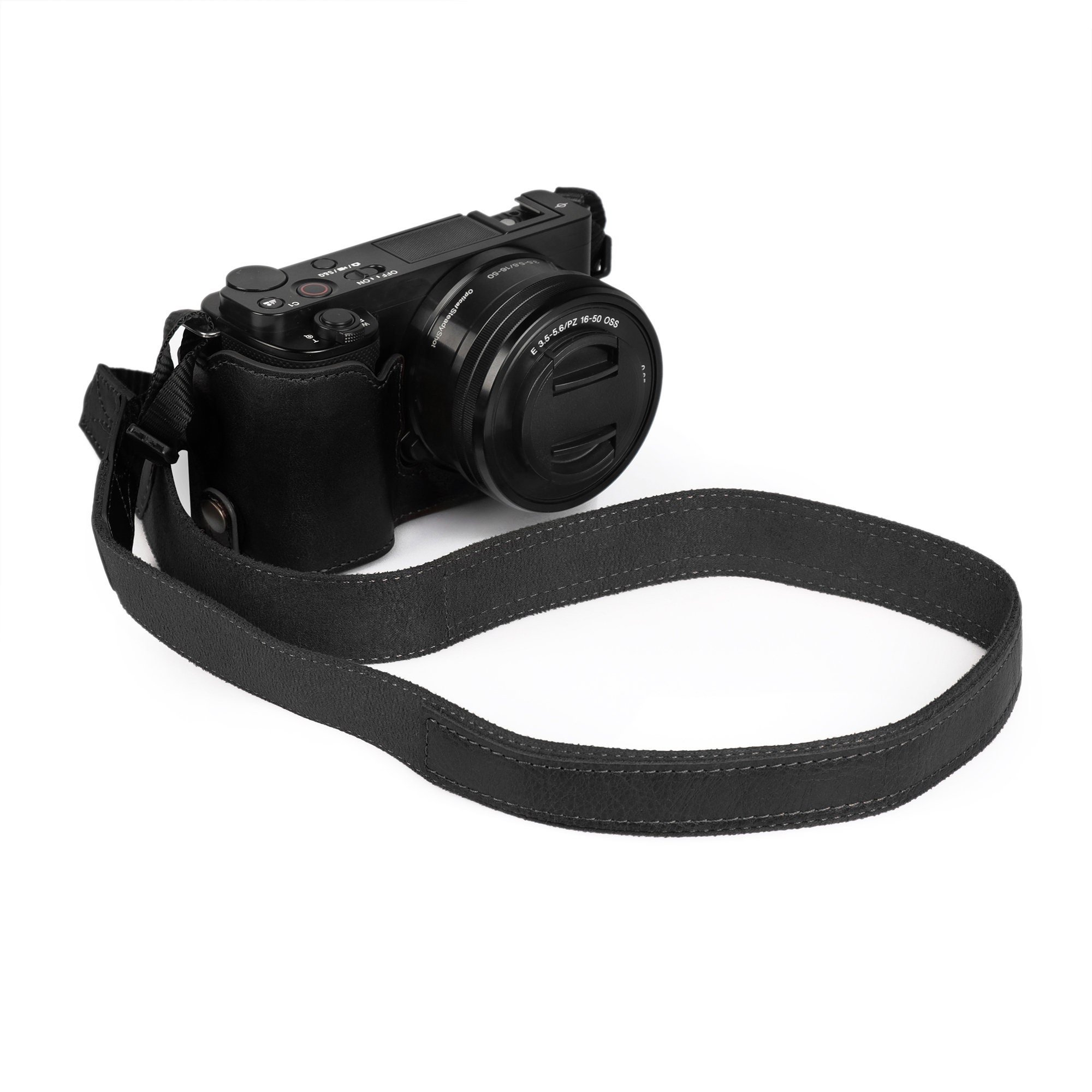 Sony ZV-E10 Fine Leather Camera Half Case & Strap - Black Sony ZV-E10 Fine Leather Camera Half Case & Strap - Black