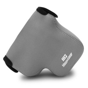May include: Grey camera sleeve with black trim and the text "Meg Gear" in white.