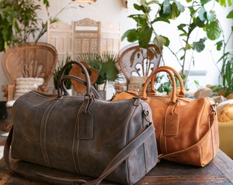 Personalisierte handgefertigte Top Grain Leder Weekender Bag mit verstellbarem Schultergurt und Innentasche, Retro Style Seesack