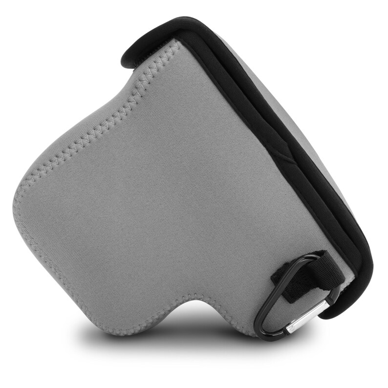 May include: Grey camera case with a black zip and a black strap with a metal clip.