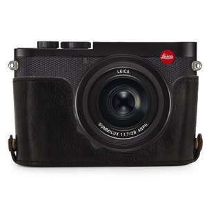 Fine Leather Camera Half Case & Strap Compatible with Leica Q2, Handcrafted Black