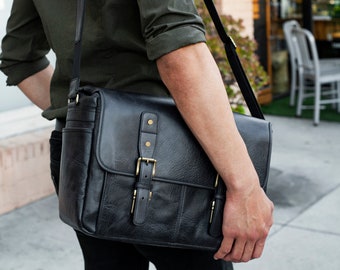 Italian Leather Laptop Bag 16" - Vintage Brown Messenger Bag for Men Women - Camera Briefcase Work Bag