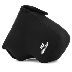 May include: Black camera lens cover made of neoprene with the Mega Gear logo in white.