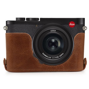 Fine Leather Camera Half Case & Strap Compatible with Leica Q2, Handcrafted Brown
