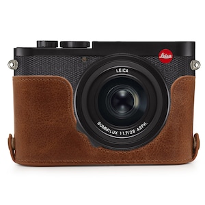 Fine Leather Camera Half Case & Strap Compatible with Leica Q2, Handcrafted Brown