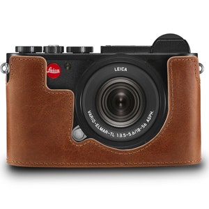 Custodia per fotocamera in pelle pregiata e cinturino compatibile con Leica CL - Nero / Marrone