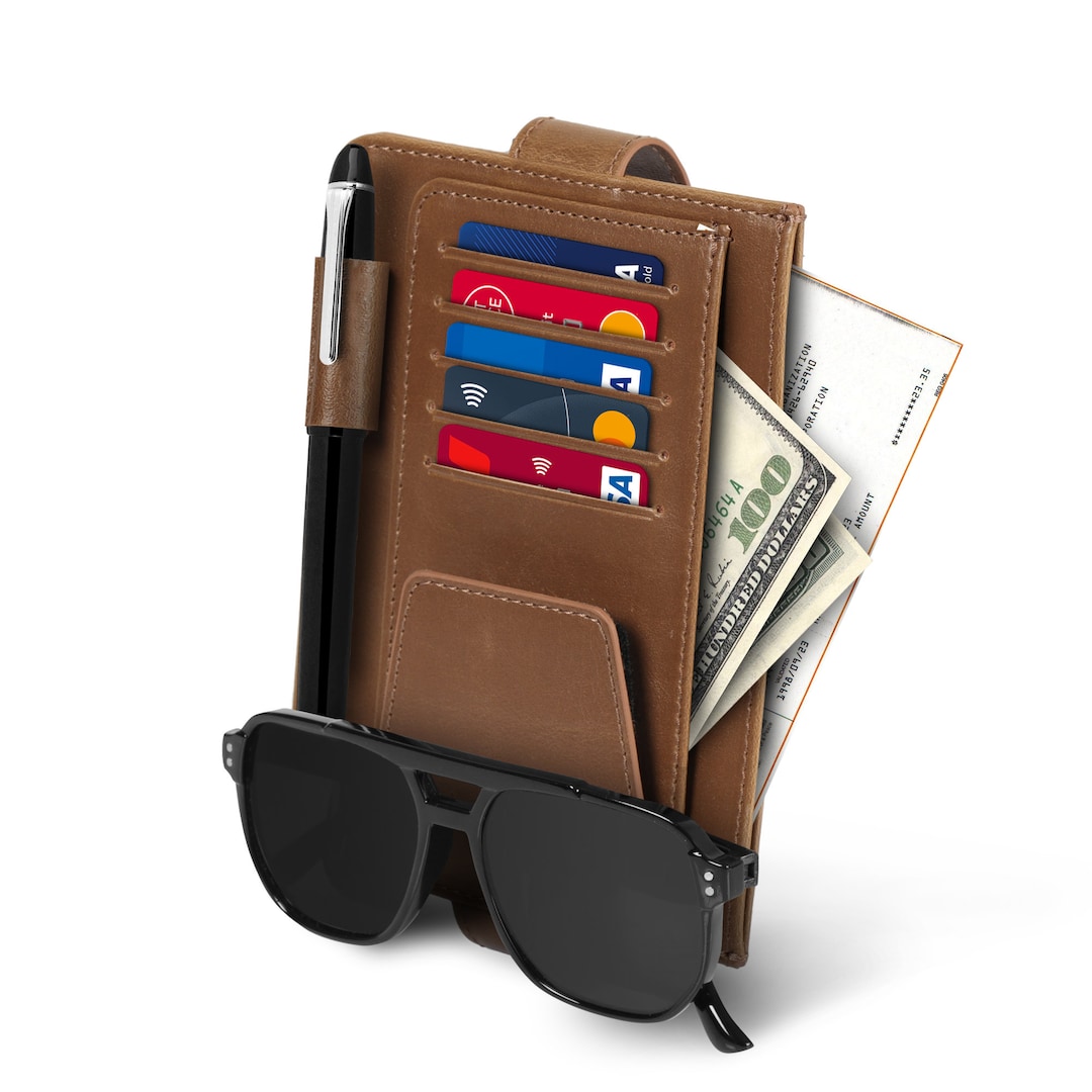 Car Document Organizer With Glasses Holder Stand, Auto Document Holder, Leather Car Visor