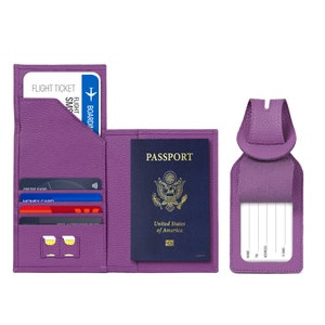 Personalized Top Grain Leather Passport Case and Card Holder with Name Tag, Hand Crafted Travel Wallet, Unisex Vintage Style Passport Cover Purple