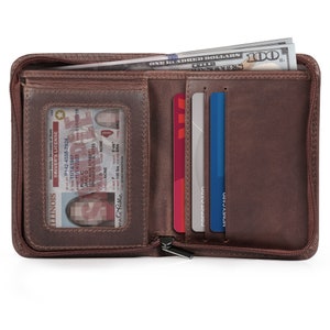 Cartera personalizada con bloqueo RFID de cuero de grano superior, billetera plegable artesanal para hombre con múltiples bolsillos de almacenamiento y diseño delgado con cremallera.