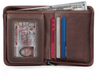 Cartera personalizada con bloqueo RFID de cuero de grano superior, billetera plegable artesanal para hombre con múltiples bolsillos de almacenamiento y diseño delgado con cremallera.