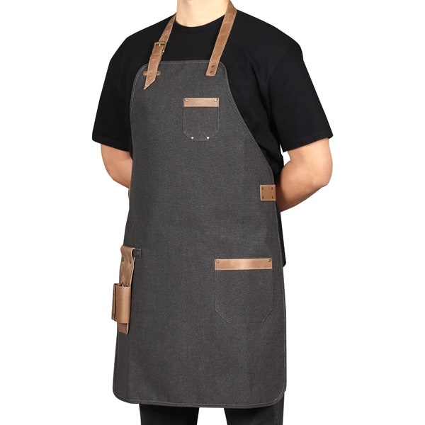 Personalized Durable Canvas Apron for Woodworking, High-Quality Apron for Gardeners, Apron with Leather Adjustable Strap, Carpenters Apron