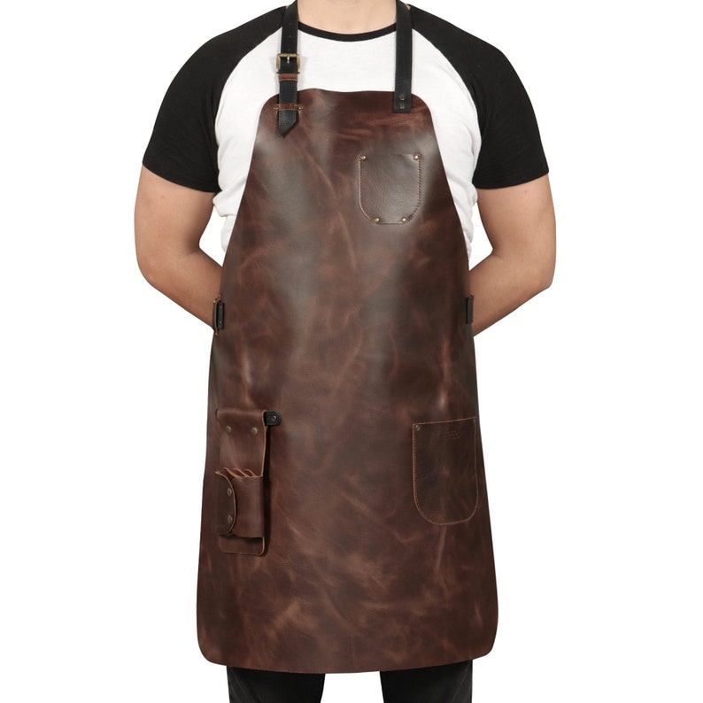 Personalized Top Grain Leather Workshop Apron with Pockets for Men, Hand Crafted Woodworking Apron, Artist Full Apron, Best Gardening Apron Brown