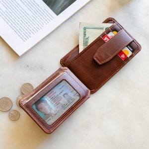 Gepersonaliseerde minimalistische portemonnee topnerfleer, handgemaakte creditcardportemonnee met snelle ID-toegang, slanke RFID-portemonnee met ritsvak