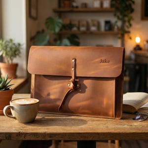 Könnte beinhalten: Eine braune Leder-Dokumententasche mit dem Namen "Jake" auf der Vorderseite. Die Tasche wird mit einem Lederriemen verschlossen und liegt auf einem Holztisch neben einer Kaffeetasse und einer Sukkulente in einem Terrakotta-Topf.