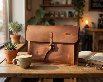 Funda de cuero para portátil MacBook Pro 16 14 / Regalo personalizado para él / Funda para MacBook Air M2 M3 / Portafolio minimalista Crazy Horse