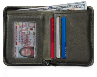 Personalisierte Bifold-Geldbörse für Herren aus genarbtem Leder, handgefertigte RFID-blockierende Geldbörse mit mehreren Aufbewahrungstaschen und schlankem Reißverschlussdesign
