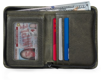 Billetera plegable personalizada de cuero de grano superior para hombre, billetera con bloqueo RFID hecha a mano con múltiples bolsillos de almacenamiento y diseño delgado con cremallera