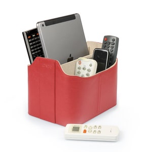 Personalized Leather Remote Caddy, Desk Organizer, Remote Control Holder with Tablet Stand Slot for DVD Blu-ray TV Roku or Apple TV Remotes Red