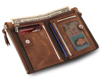 Personalized RFID Wallet Top Grain Leather with  Zippered Slots, Hand Crafted Credit Card Wallet with ID Card Slot, Unisex Bifold Wallets