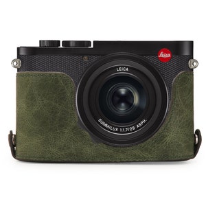 Fine Leather Camera Half Case & Strap Compatible with Leica Q2, Handcrafted Green