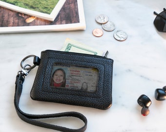 Top Grain Leather Zippered ID Wallet with Wrist Strap, Handcrafted Unisex ID Holder, Minimalist Keychain Wristlet Wallet and ID Card Holder