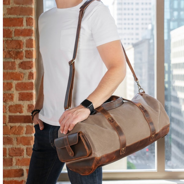 Personalisierte handgefertigte Weekender-Tasche aus genarbtem Leder, hochwertige, langlebige Canvas-Reisetasche, Reisetasche im Retro-Stil für Männer oder Frauen