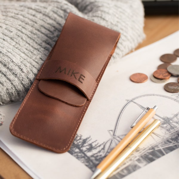 Personalized Handcrafted Top Grain Leather Pen Holder, Pen Pouch, High-Quality Pencil Case, Custom Pencil Bag, Pencil Case with Tuck in Flap