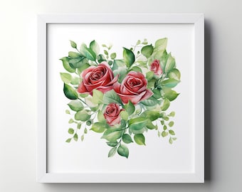 Floral Watercolour Heart Print, Valentines Day Printable Wall Art, Heart of Red Roses, Room Decor, PRINTABLE Digital Wall Art, DOWNLOAD