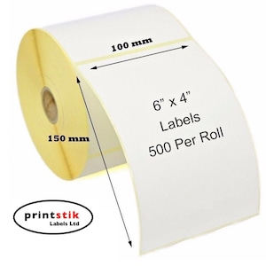 May include: A roll of 6" x 4" white labels with a yellow core. The roll contains 500 labels and measures 100 mm wide and 150 mm in diameter. The label roll is from printstik Labels Ltd.
