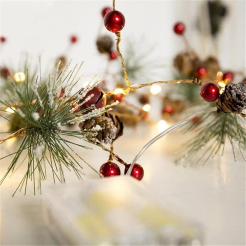 Red Christmas Berry Garland and Rustic Warm Light 2 Meter6.6 Feet Christmas Theme Copper Light Up Garland SALE