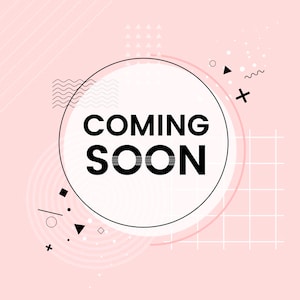 Puede incluir: Un fondo rosa con formas geométricas y un círculo blanco con el texto "COMING SOON" en negro.