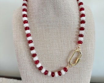 Crimson and White semiprecious stone necklace with carabiner clasp, Indiana University, Alabama