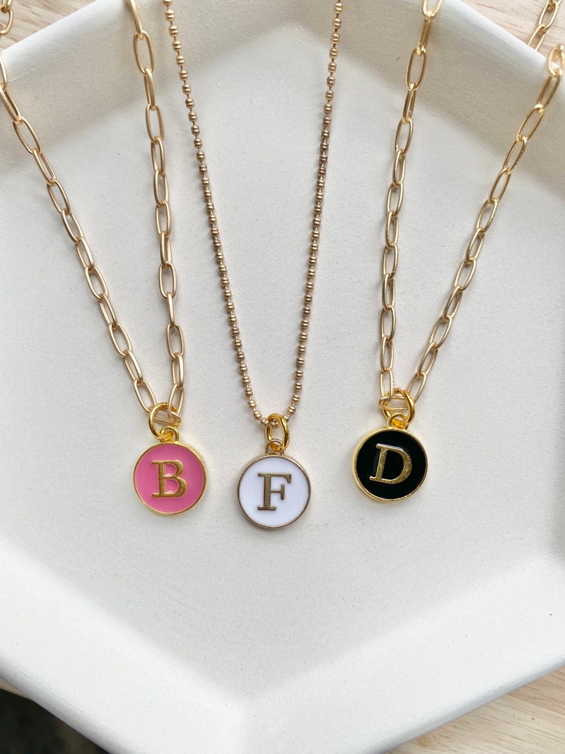 Initial or Monogram enamel charm with Paperclip Chain necklace, black, white monogram charm 1 necklace image 2