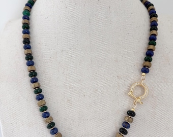 Blue, Green and Gold Semiprecious stone necklace or bracelet with carabiner clasp, Notre Dame University