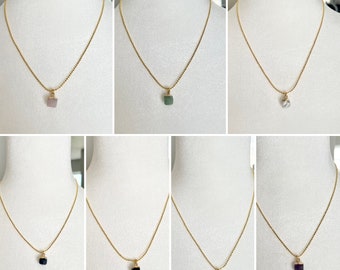 Tiny Semiprecious stone pendants on Gold Plated 17” chain necklace - 7 different styles