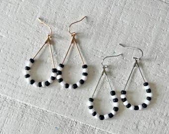 Indy 500 earrings - black and white beaded teardrops