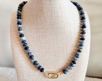 Stone beaded statement necklace with carabiner - blues