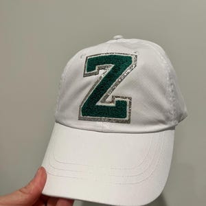 White Zionsville Baseball hat with “Z” Chenille Glitter patch - pick your color of patch