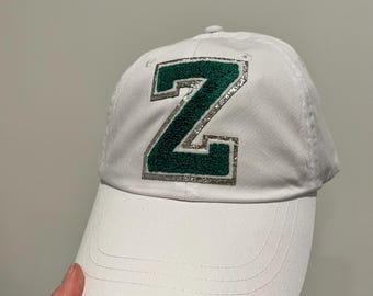 White Zionsville Baseball hat with “Z” Chenille Glitter patch - pick your color of patch