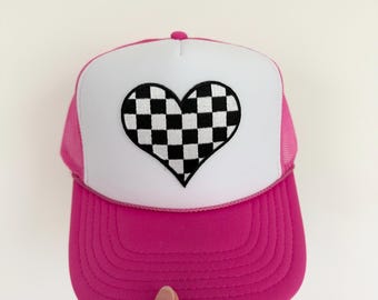 Pink Trucker Hat - Race Car - Checkered Flag Bow or Heart - Indy Car - NASCAR