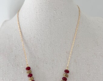 Tailgate Gameday Garnet and Gold beaded necklace on a 18K gold filled adjustable chain, 18”, Florida State, Boston College, Univ of MN