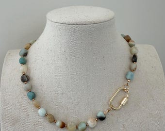 Semiprecious stone Amazonite necklace with Gold carabiner clasp