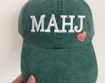 Mahjong Mahj Baseball Hat, Green with pink heart