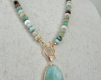 Amazonite semiprecious stone beaded necklace with stone pendant