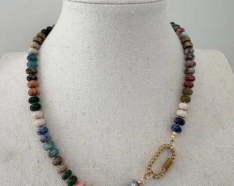 Semiprecious stone beaded necklace with Stainless steel carabiner clasp - blues, greens, neutrals