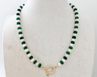 Green and White semiprecious stone necklace with 18K gold horse bit clasp
