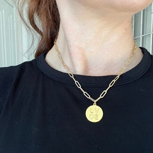 Gold Plated Circle LOVE Charm necklace, paperclip chain, Valentines Day
